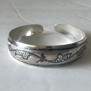 Vintage Russian 875 Silver Niello Pierced Cuff Open Bangle Bracelet Kubachi 7"Lg